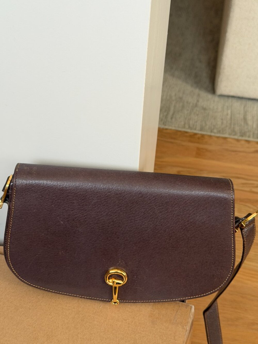 Vintage Gucci Horsebit Flap Shoulder Bag, Chocolate Brown Leather, Suede Lined - Picture 5 of 13